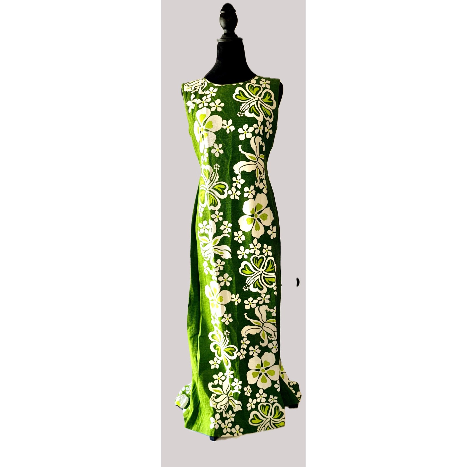 Vintage Sears Hawaiian Fashions Green Hibiscus Barkcloth Maxi Dress 10 Tiki Luau